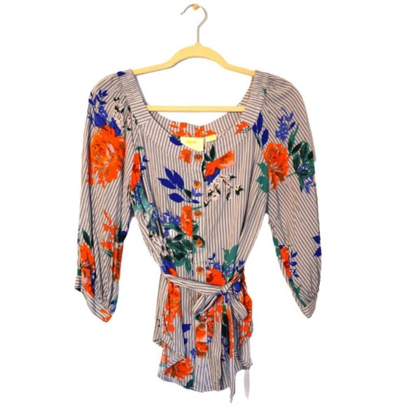 Anthropologie Maeve Lillorne Striped & Floral Button Blouse with Waist Tie - Picture 4 of 13